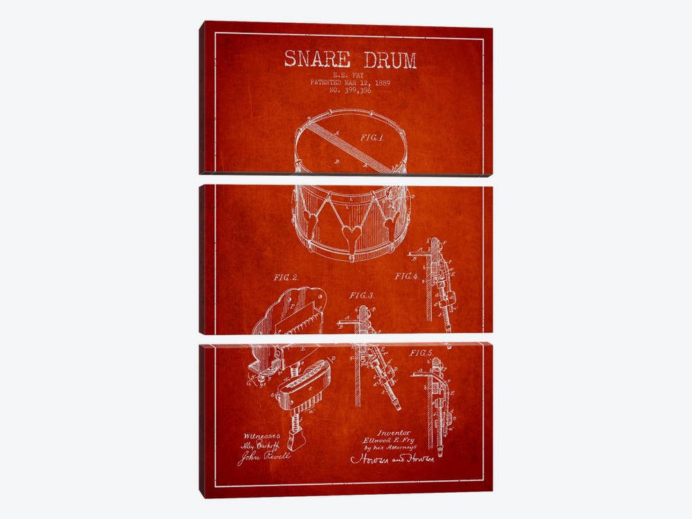 Snare Drum Red Patent Blueprint by Aged Pixel 3-piece Canvas Art