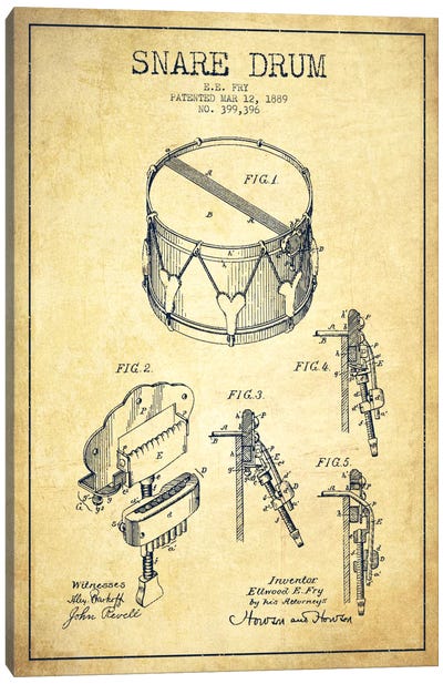 Snare Drum Vintage Patent Blueprint Canvas Art Print - Aged Pixel: Music