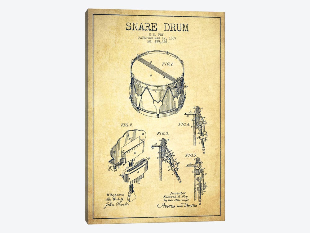 Snare Drum Vintage Patent Blueprint by Aged Pixel 1-piece Canvas Print