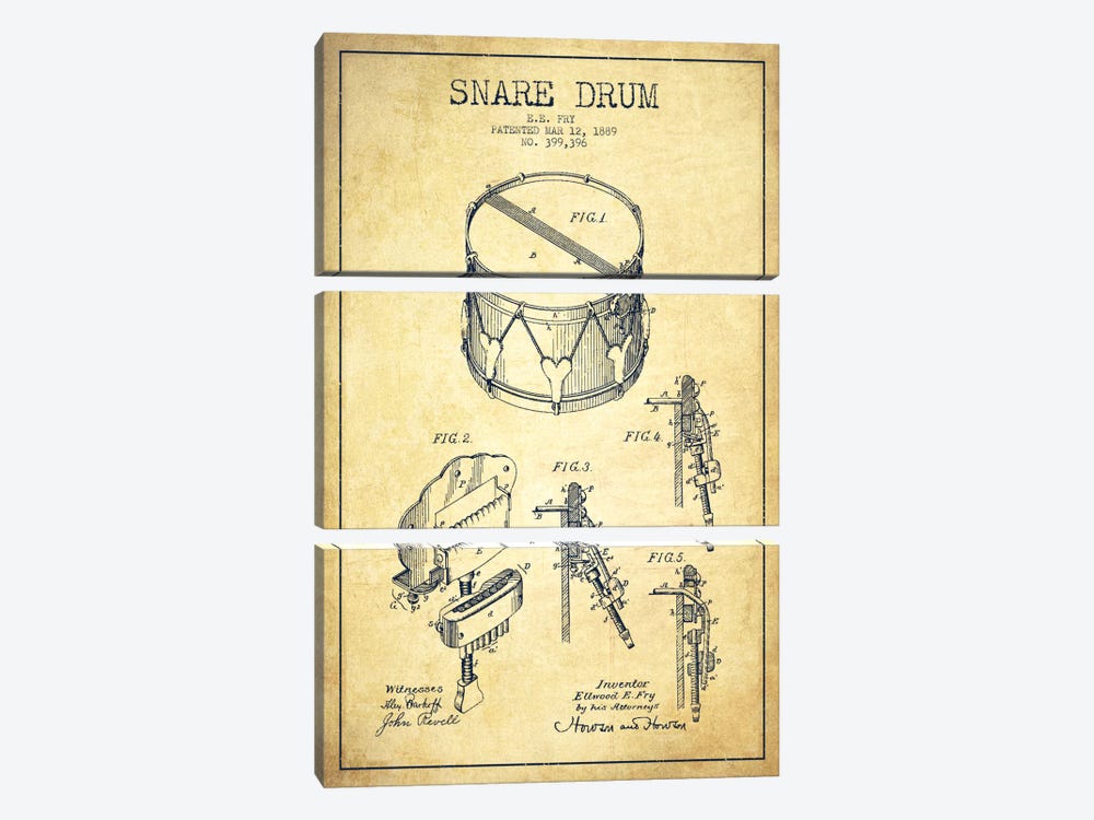 Snare Drum Vintage Patent Blueprint by Aged Pixel 3-piece Art Print