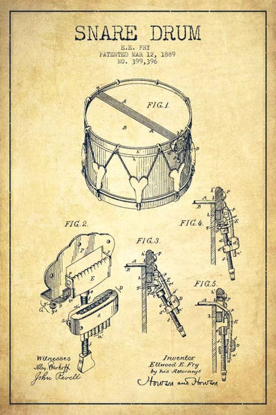 Music Blueprints: Snare Drum Vintage Patent Blueprint by Aged Pixel