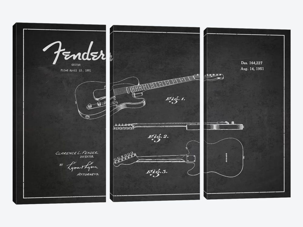 Fender Guitar Patent Blueprint by Aged Pixel 3-piece Canvas Artwork