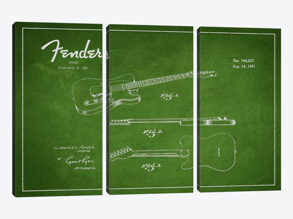 Fender Guitar Patent Blueprint by Aged Pixel 3-piece Canvas Art Print