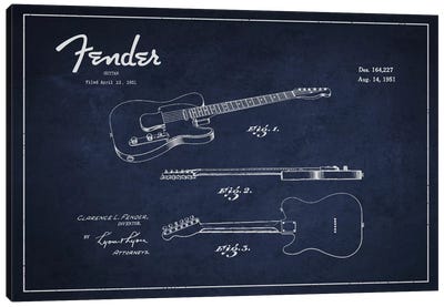 Fender Guitar Navy Blue Patent Blueprint Canvas Art Print - Blueprints & Patent Sketches