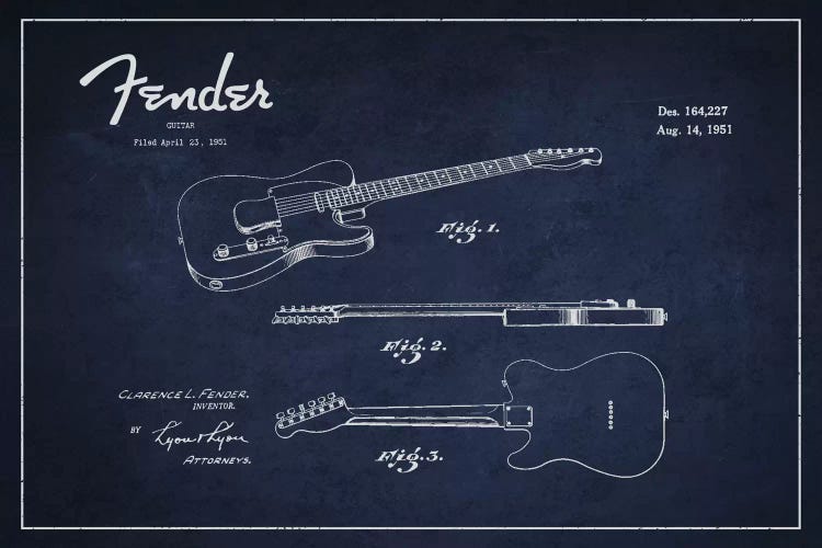 Fender Guitar Navy Blue Patent Blueprint by Aged Pixel wall art