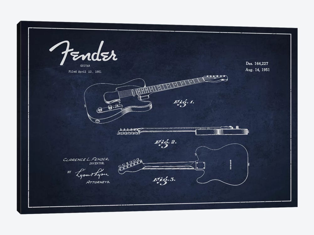 Fender Guitar Navy Blue Patent Blueprint by Aged Pixel 1-piece Canvas Artwork