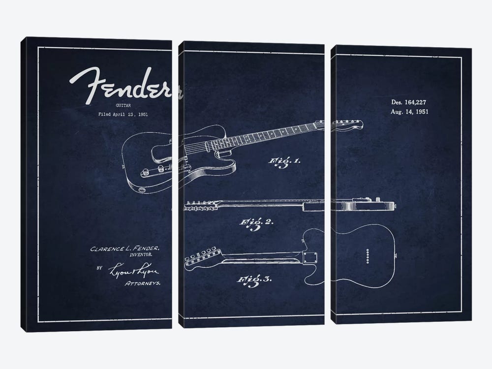 Fender Guitar Navy Blue Patent Blueprint by Aged Pixel 3-piece Canvas Artwork