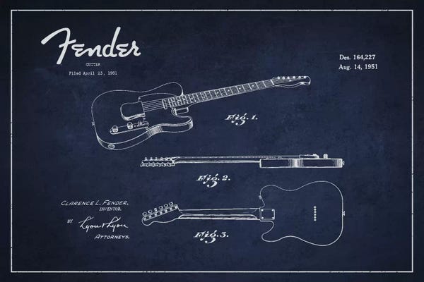 Aged Pixel: Fender Guitar Navy Blue Patent Blueprint by Aged Pixel