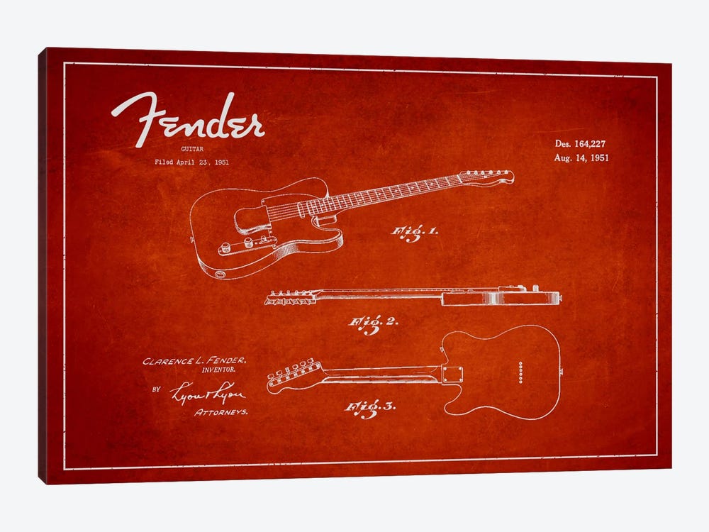 Fender Guitar Red Patent Blueprint by Aged Pixel 1-piece Art Print