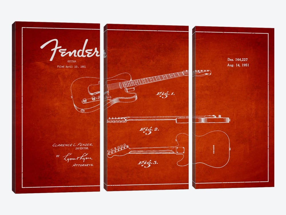 Fender Guitar Red Patent Blueprint by Aged Pixel 3-piece Canvas Print