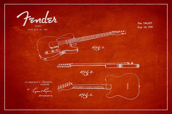 Music Blueprints: Fender Guitar Red Patent Blueprint by Aged Pixel