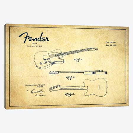 Fender Guitar Vintage Patent Blueprint Canvas Print #ADP998} by Aged Pixel Art Print