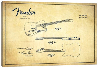 Fender Guitar Vintage Patent Blueprint Canvas Art Print - Aged Pixel: Music