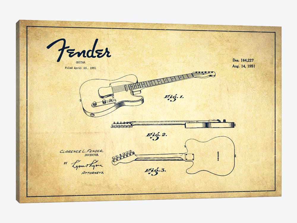 Fender Guitar Vintage Patent Blueprint by Aged Pixel 1-piece Canvas Artwork