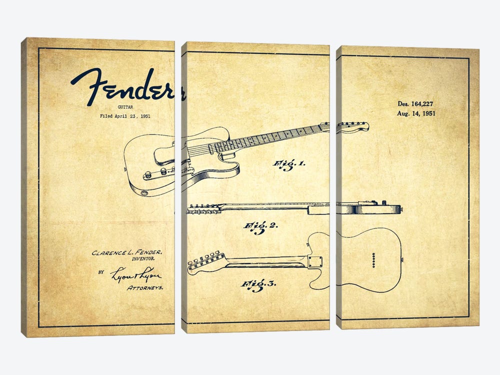 Fender Guitar Vintage Patent Blueprint by Aged Pixel 3-piece Canvas Art