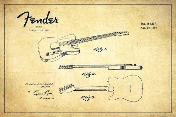 Aged Pixel: Fender Guitar Vintage Patent Blueprint by Aged Pixel