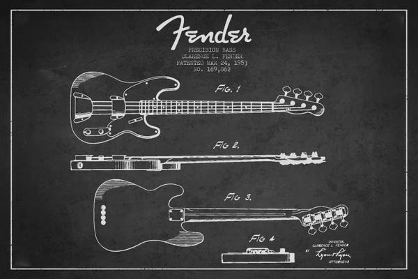 Music Blueprints: Fender Guitar Charcoal Patent Blueprint by Aged Pixel