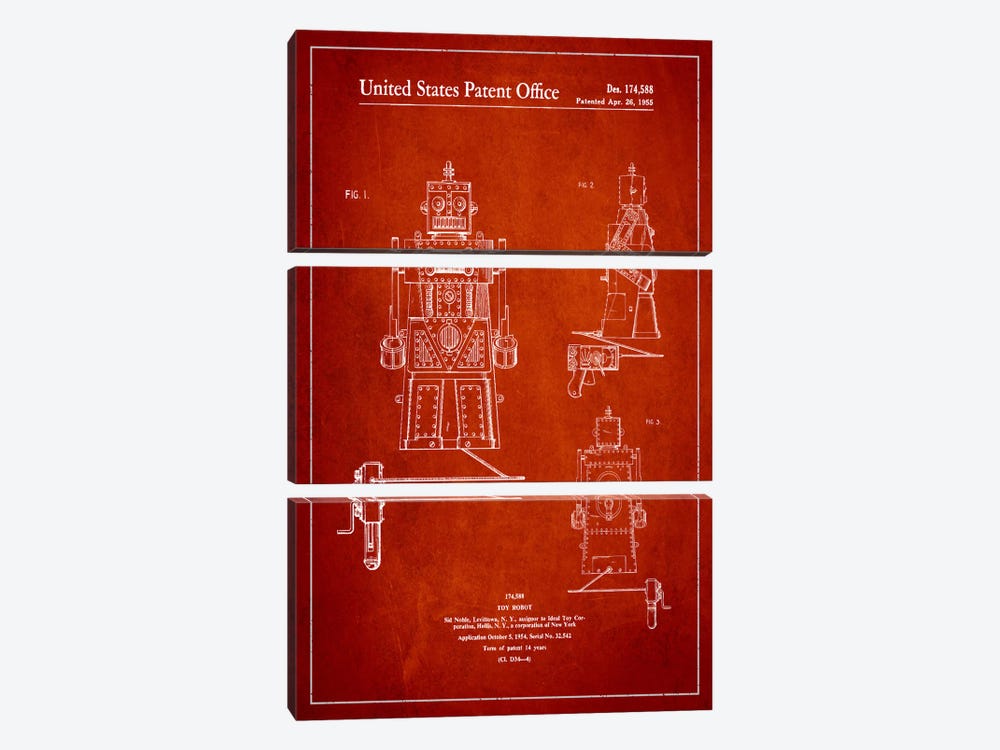 Toy Robot Red Patent Blueprint by Aged Pixel 3-piece Art Print