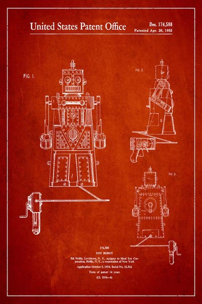 Robots: Toy Robot Red Patent Blueprint by Aged Pixel
