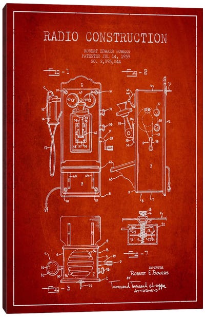 Bowers Radio Red Patent Blueprint Canvas Art Print - Electronics & Communication Blueprints
