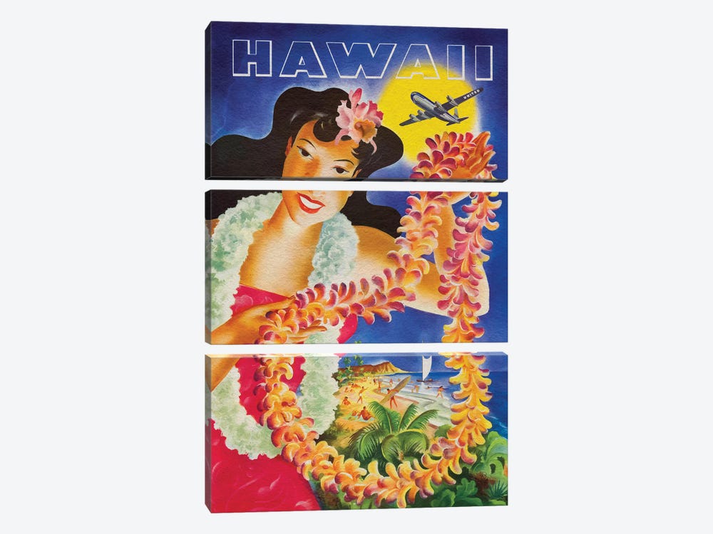 Hawaii Vintage Travel Poster (From Vector) by Alessandro Della Torre 3-piece Canvas Wall Art