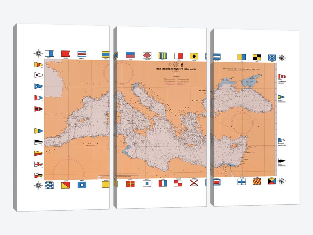 Nautical Navigation Chart Mediterranean Area by Alessandro Della Torre 3-piece Canvas Artwork