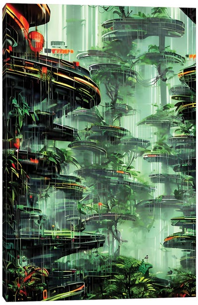 Cyberpunk Scenery In A Jungle II Canvas Art Print - Alessandro Della Torre