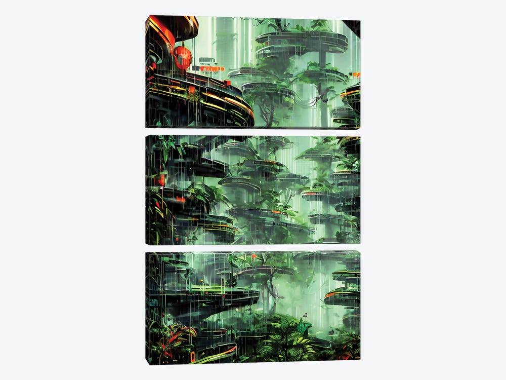 Cyberpunk Scenery In A Jungle II by Alessandro Della Torre 3-piece Canvas Wall Art