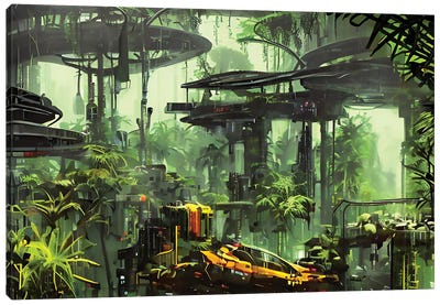 Cyberpunk Scenery In A Jungle III Canvas Art Print - Alessandro Della Torre