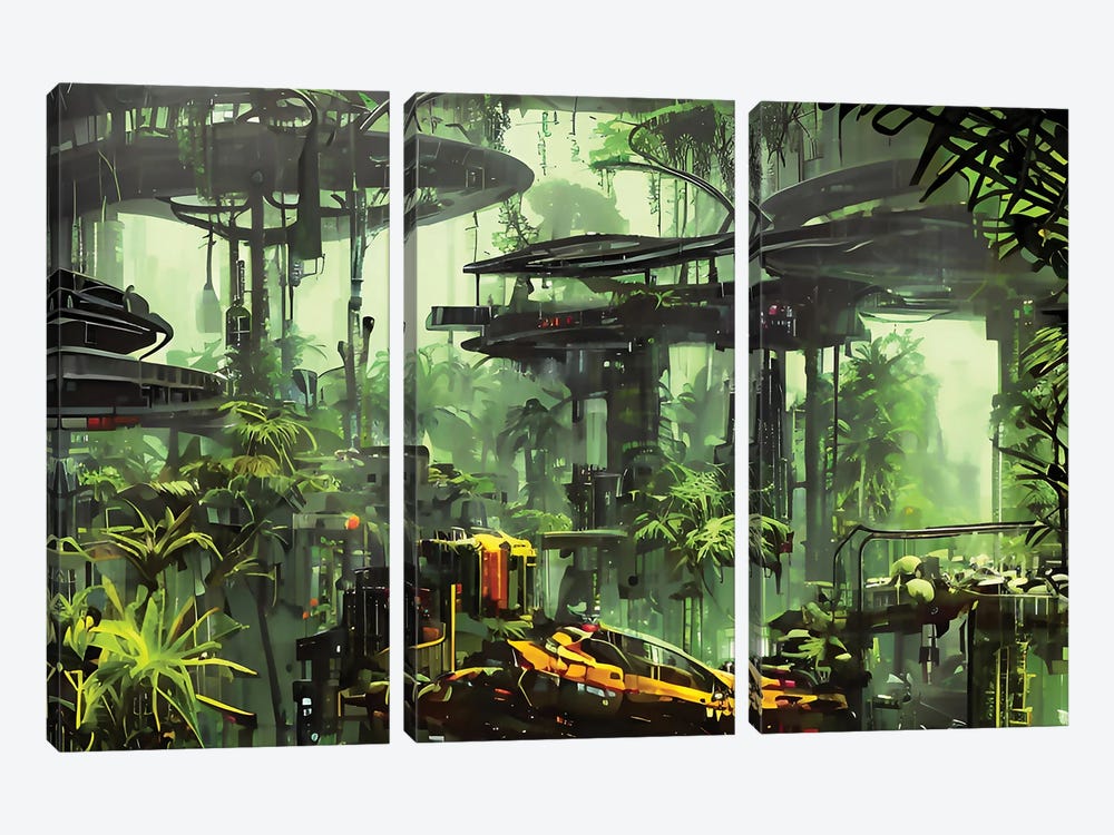 Cyberpunk Scenery In A Jungle III by Alessandro Della Torre 3-piece Canvas Print