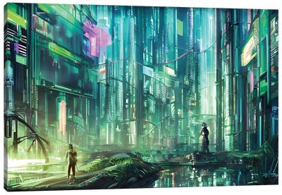 Cyberpunk Scenery In A Jungle VI Canvas Art Print - Alessandro Della Torre