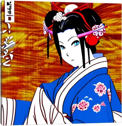 Geisha Comic In A Blue Dress Canvas Art Print - Geisha