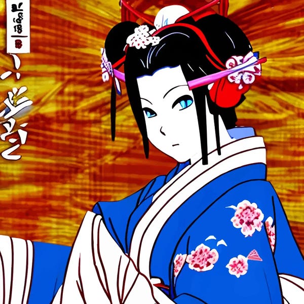 East Asian Culture: Geisha Comic In A Blue Dress by Alessandro Della Torre