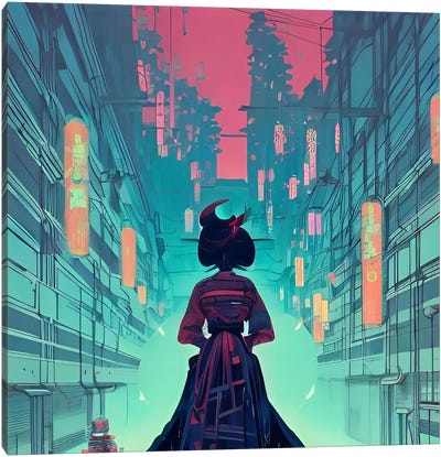 Geisha In A Ciberpunk City Canvas Art Print - Alessandro Della Torre