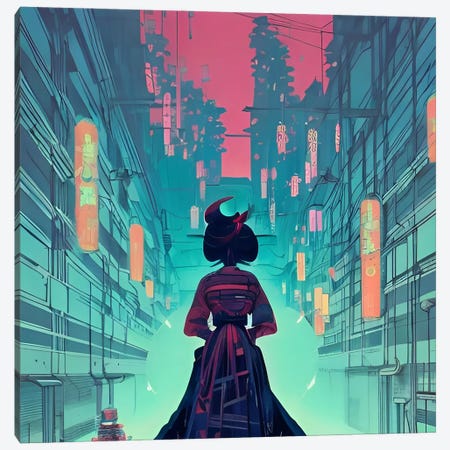 Geisha In A Ciberpunk City Canvas Print #ADT1201} by Alessandro Della Torre Canvas Artwork