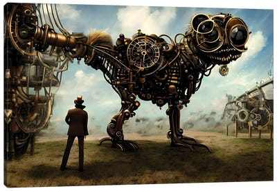 A Person Looking At A Giant Animal, In A Surrealistic World XVII Canvas Art Print - Dinosaur Art