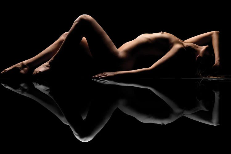 Nude Art Attractive Reflection Of Naked Woman Sexy Laying Down On Black XX