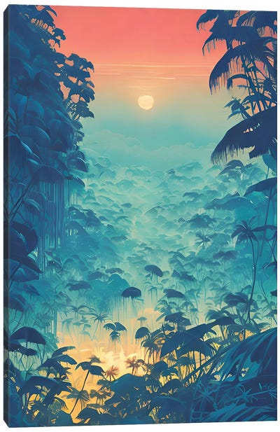 Colorful Cyberpunk Jungle In The Sunset Canvas Art Print - Alessandro Della Torre