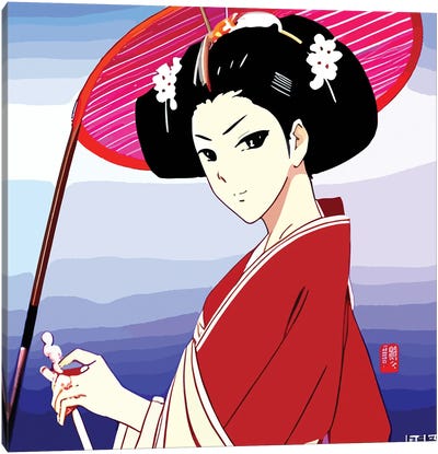 Comic Of A Geisha With Umbrella Canvas Art Print - Alessandro Della Torre