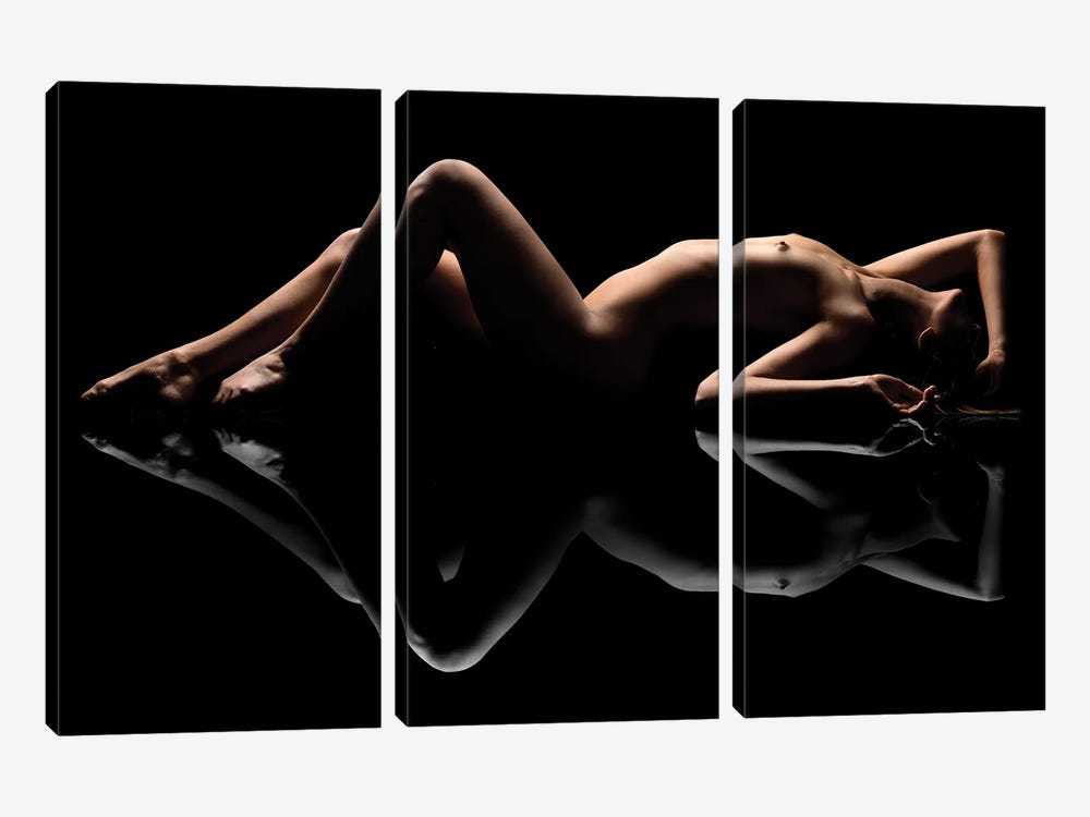 Nude Art Attractive Reflection Of Naked Woman Sexy Laying Down On Black XII by Alessandro Della Torre 3-piece Canvas Artwork