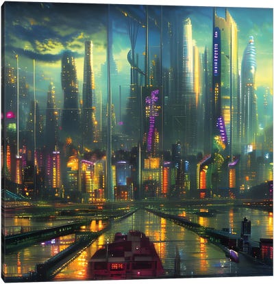 Cyberpunk Dark City Canvas Art Print - Alessandro Della Torre