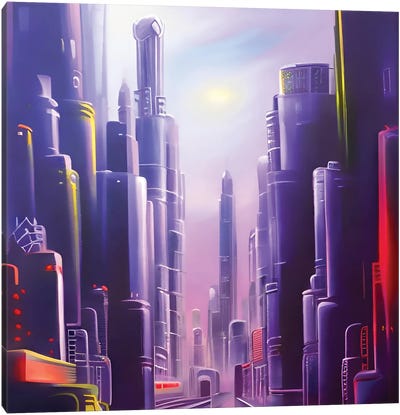 Cyberpunk Futuristic Violet City Canvas Art Print - Alessandro Della Torre