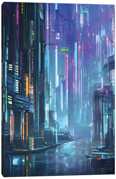 Cyberpunk Illustration Of A Futuristic Cityscape V Canvas Art Print - Alessandro Della Torre