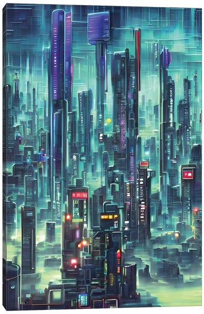 Cyberpunk Illustration Of A Futuristic Cityscape VI Canvas Art Print - Alessandro Della Torre