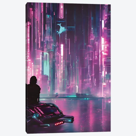 Cyberpunk Man Standing In Front Of Colorful City Canvas Print #ADT1260} by Alessandro Della Torre Canvas Art