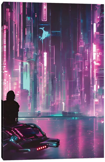 Cyberpunk Man Standing In Front Of Colorful City Canvas Art Print - Alessandro Della Torre