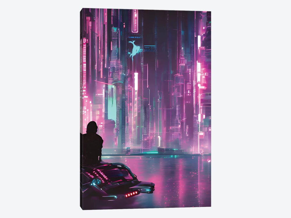 Cyberpunk Man Standing In Front Of Colorful City by Alessandro Della Torre 1-piece Art Print