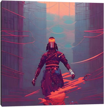 Cyberpunk Samurai In The City Landscape Canvas Art Print - Alessandro Della Torre