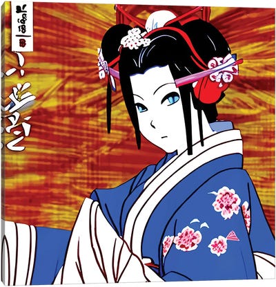 Geisha Anime On Blue Canvas Art Print - Alessandro Della Torre