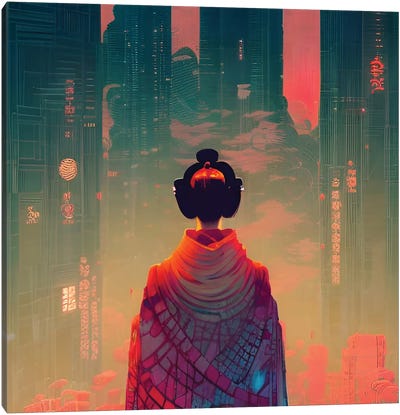 Geisha In A Cyberpunk City Ii Canvas Art Print - Geisha